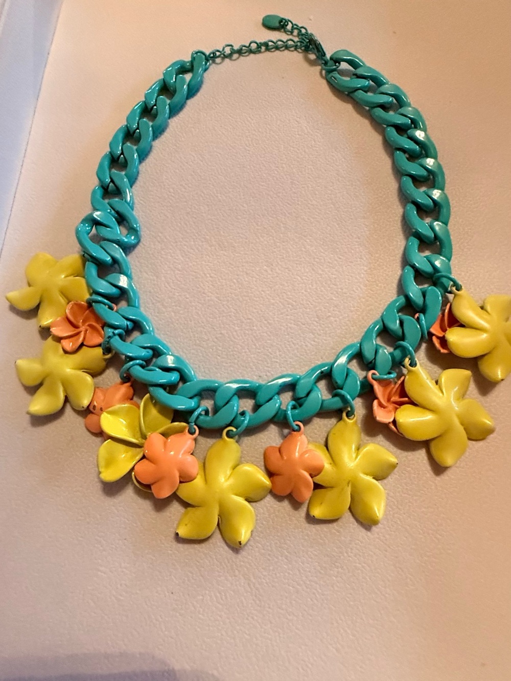 Turquoise Floral Statement Necklace with Yellow & Coral Flowers